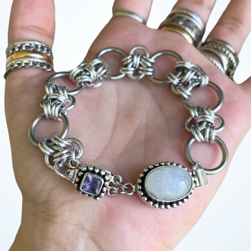 Handmade purple amethyst & moonstone maille link boho gemstones bracelet